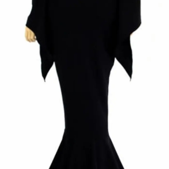 Morticia V-Neck Gown in Black Zen with Long Pixie Sleeves and Puddle Train + Wig - Picture 5 of 6